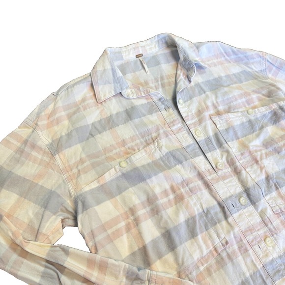 Free People Small Pastel Plaid Oversized Shirt Western Boho Frayed Hem Comfy - Picture 1 of 8